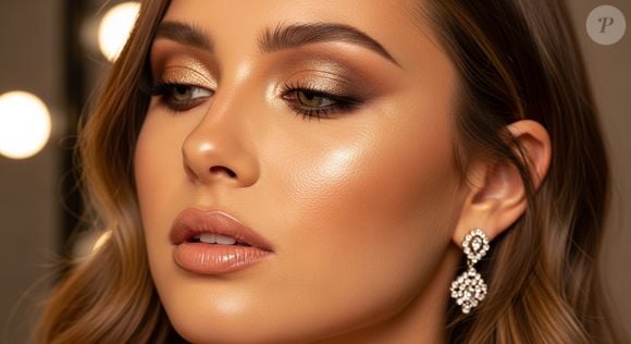 Pele dourada iluminada, sombra cintilante em tons de ouro e bronze esfumados, iluminador marcando as maçãs do rosto, lábios nude com gloss espelhado natural.