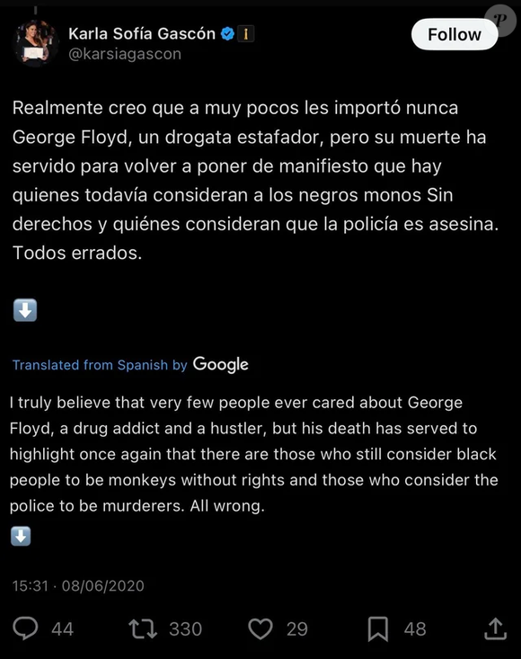 Atriz Espanhola de Emilia Pérez Tweetou em suas redes insinuando que "George Floyd era um traficante drogado".