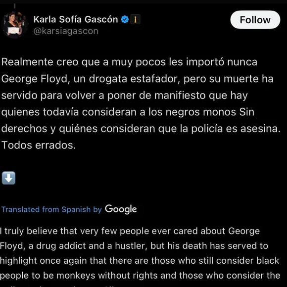 Atriz Espanhola de Emilia Pérez Tweetou em suas redes insinuando que "George Floyd era um traficante drogado".