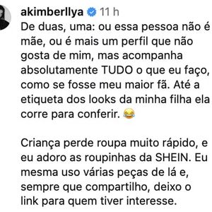 Em um comentário, a ex de Neymar ainda disse que prefere roupas acessíveis porque crianças crescem muito rápido e logo perdem as roupas