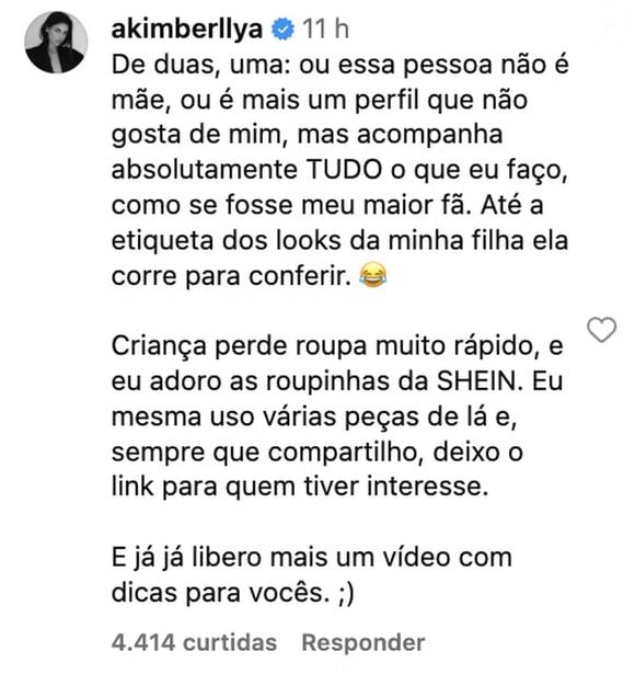 Em um comentário, a ex de Neymar ainda disse que prefere roupas acessíveis porque crianças crescem muito rápido e logo perdem as roupas