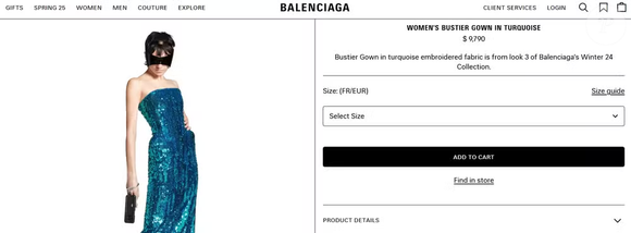 Vestido azul turquesa com paetês da Balenciaga é vendido no site oficial da grife por 9.790 dólares, o equivalente a R$ 51,7 mil na atual cotação