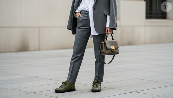 Outra possibilidade é investir em uma composição clássica de escritório: camisa social branca, calça de alfaiataria cinza e, caso o clima esfrie, um blazer oversized