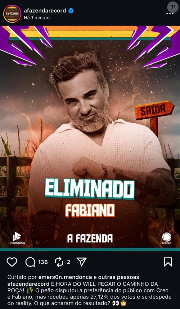 Perfil oficial de A Fazenda postou arte errada com Fernando eliminado