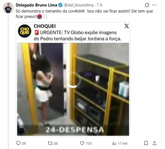 Fora do BBB 26, Pedro está na mira do delegado e deputado federal Bruno Lima: 'Covarde'