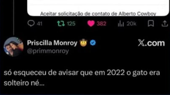 Priscilla Monroy, esposa de Alberto Cowboy, frisou que ele estava solteiro na época ao tentar defendê-lo: ‘Só esqueceu de avisar que, em 2022, o gato era solteiro’