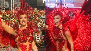 Adeus, costeiro! Virgínia dribla incômodo com fantasia gigantesca em estreia como Rainha de Bateria e troca acessório; compare fotos!