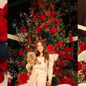 A ex-BBB Carla Diaz montou uma árvore com grandes bolas de veludo em vermelho e verde escuro, criando contraste e profundidade. Laços volumosos em tecido xadrez deram movimento, e a base com ursos polares brancos trouxe uma atmosfera charmosa e digna de vitrine de luxo