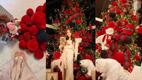 A ex-BBB Carla Diaz montou uma árvore com grandes bolas de veludo em vermelho e verde escuro, criando contraste e profundidade. Laços volumosos em tecido xadrez deram movimento, e a base com ursos polares brancos trouxe uma atmosfera charmosa e digna de vitrine de luxo