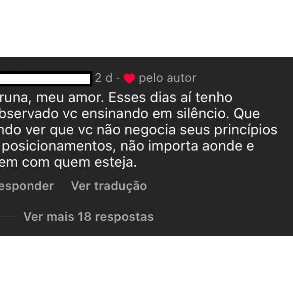 'Bruna Marquezine, meu amor, esses dias aí tenho observado você ensinando em silêncio. Que lindo ver que você não negocia seus princípios e posicionamentos’, disse internauta