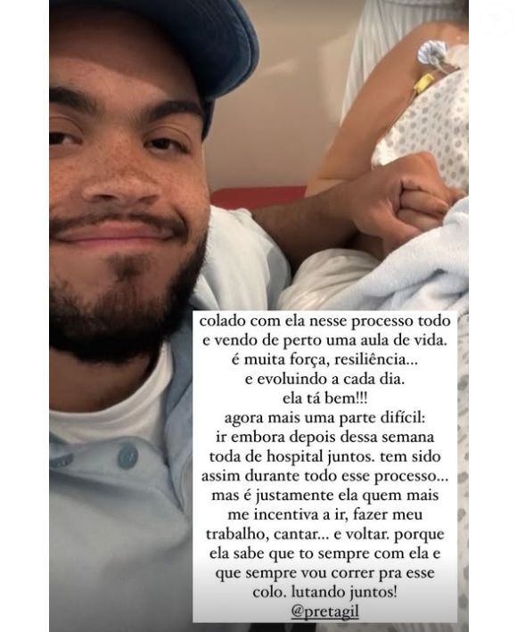 Preta Gil apareceu em foto com o filho, Francisco Gil, no hospital: 'Aula de vida'