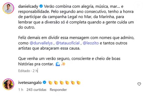 Ivete Sangalo comenta post de Daniel Cady após divórcio e web reage