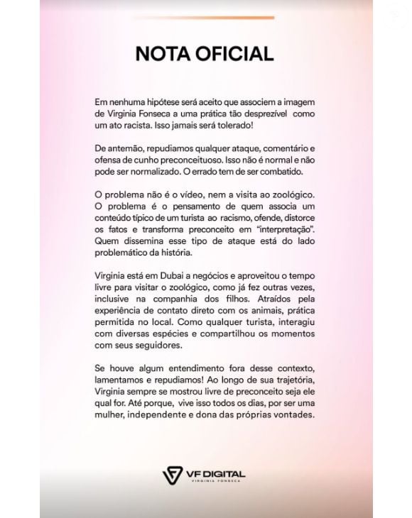 Virginia também se pronunciou através de nota oficial após acusaçao de incitação ao racismo