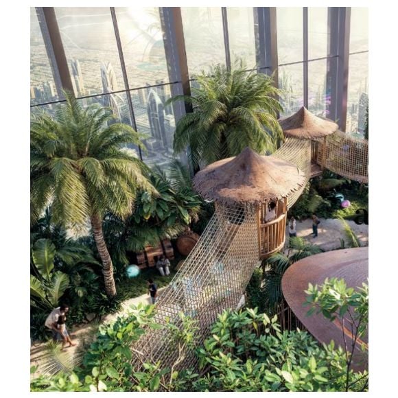 Prédio em Dubai onde Vini Jr. comprou cobertura traz uma floresta interna de 447 metros, a mais alta do mundo