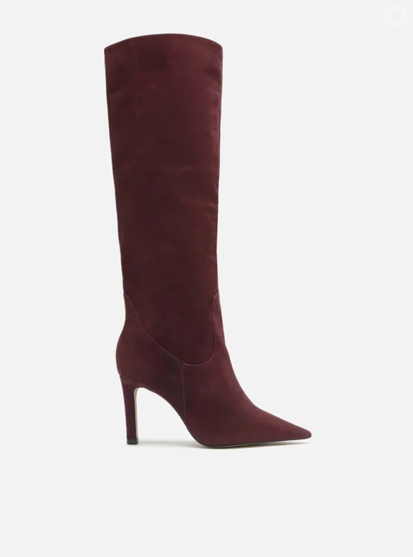 Com super desconto na Arezzo, por R$439,90, a bota de cano longo Hailey surge em camurça vinho com salto alto e bico fino, que é pura elegância