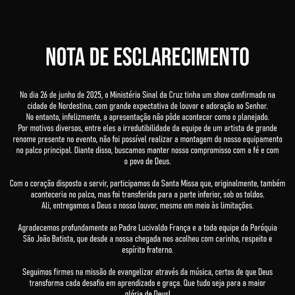 A banda Ministério Sinal da Cruz acusa a equipe do cantor de impedir que eles se apresentassem no mesmo palco