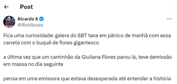 ‘Galera do SBT tava em pânico. A última vez que um caminhão da Giuliana Flores parou lá, teve demissão em massa no dia seguinte’, relatou o jornalista Rick Souza no X