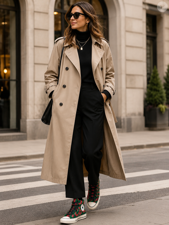 O segredo para usar um tênis chamativo é simples: deixar que ele brilhe sozinho. Por isso, tenho combinado o novo Chuck 70 da Converse com trench coat bege e jaqueta de couro preta, criando produções elegantes e equilibradas