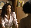 Maria de Fátima (Bella Campos) propõe paz a Raquel (Taís Araujo), que a acusa de roubo e a culpa pelo seu sofrimento