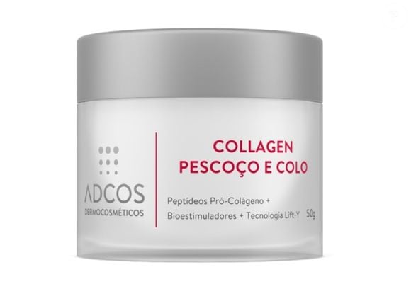 O Creme Anti-idade Collagen Pescoço e Colo, da Adcos, é um produto antienvelhecimento cuja fórmula estimula a produção de colágeno, ácido hialurônico e elastina