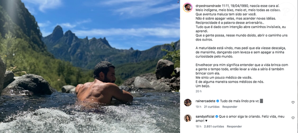 Sandy, namorada de Pedro Andrade, se declarou nos comentários: "Que o amor siga te criando. Feliz vida, meu amor!"