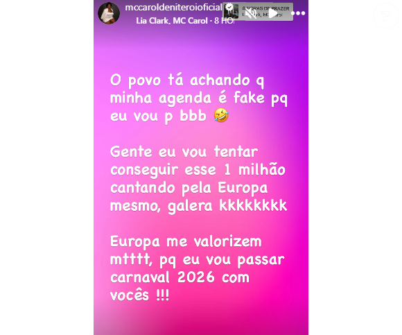 MC Carol postou no stories do Instagram que não entrará no 'BBB 26'