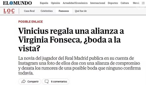 O jornal espanhol 'El Mundo' questionou se Vini Jr. e Virgínia estariam preparando um casamento