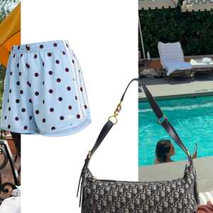 À beira da piscina, Isabelle Drummond deixou o visual ainda mais descontraído ao combinar camisa branca, short de poá e chinelo. A produção mostra como peças básicas e esportivas podem ganhar uma aparência sofisticada com os acessórios certos