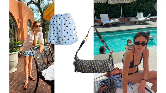 À beira da piscina, Isabelle Drummond deixou o visual ainda mais descontraído ao combinar camisa branca, short de poá e chinelo. A produção mostra como peças básicas e esportivas podem ganhar uma aparência sofisticada com os acessórios certos