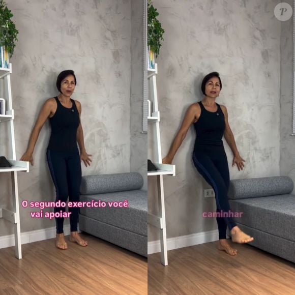No segundo exercício, vai apoiar as costas contra a parede, elevando uma perna para frente e descendo devagar. Depois, vai repetir o movimento para o outro lado.