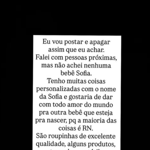 Por meio de seu perfil no Instagram, Lexa deixou um recado, dizendo que ia doar os itens personalizados com o nome de Sofia.