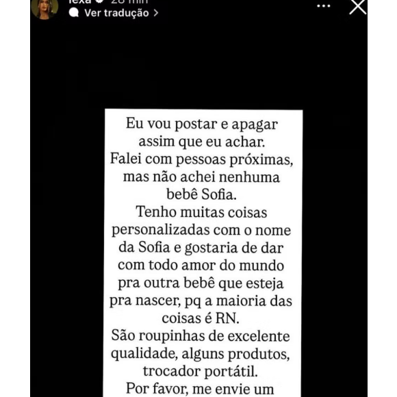 Por meio de seu perfil no Instagram, Lexa deixou um recado, dizendo que ia doar os itens personalizados com o nome de Sofia.