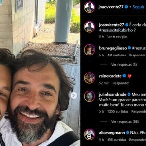 João Vicente de Castro, o Renato Filipelli de “Vale Tudo”, publicou um dump de bastidores ao lado de Julio Andrade e brincou com o destino trágico de Rubinho: “É cedo demais pra puxar a campanha #ressuscitaRubinho?” A piada viralizou e ganhou força com o apoio de colegas como Bruno Gagliasso, Rainer Cadete e Alice Wegmann.