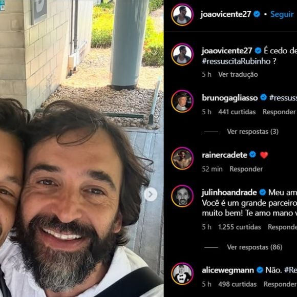 João Vicente de Castro, o Renato Filipelli de “Vale Tudo”, publicou um dump de bastidores ao lado de Julio Andrade e brincou com o destino trágico de Rubinho: “É cedo demais pra puxar a campanha #ressuscitaRubinho?” A piada viralizou e ganhou força com o apoio de colegas como Bruno Gagliasso, Rainer Cadete e Alice Wegmann.