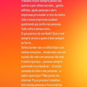 Andressa Urach deixou uma série de postagens no seu Instagram a respeito de saúde mental