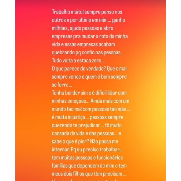 Andressa Urach deixou uma série de postagens no seu Instagram a respeito de saúde mental