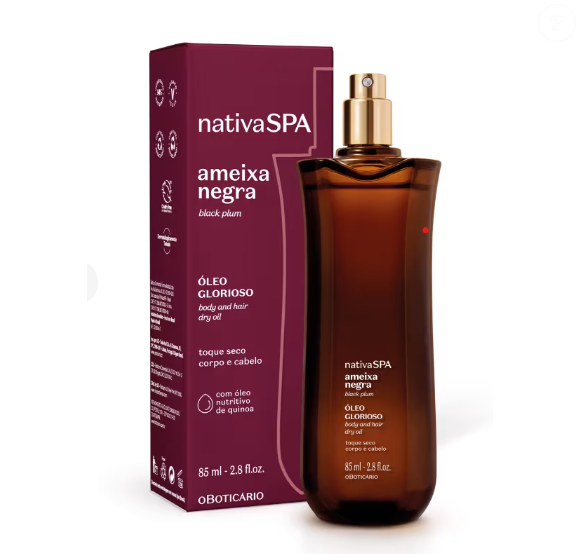 Óleo Multifuncional Glorioso Corpo e Cabelos Nativa SPA Ameixa Negra (O Boticário) - 85ml | R$ 98,90 - versátil e elegante, o óleo seco promete brilho para os cabelos, nutrição para a pele e uma explosão de fragrância perfeita para o autocuidado diário