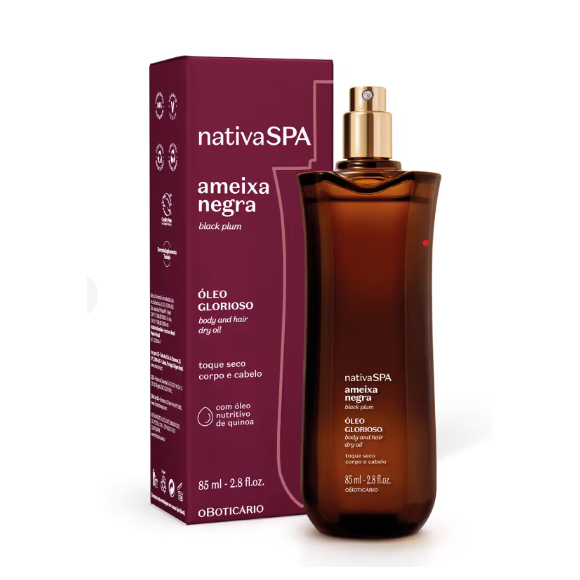Óleo Multifuncional Glorioso Corpo e Cabelos Nativa SPA Ameixa Negra (O Boticário) - 85ml | R$ 98,90 - versátil e elegante, o óleo seco promete brilho para os cabelos, nutrição para a pele e uma explosão de fragrância perfeita para o autocuidado diário