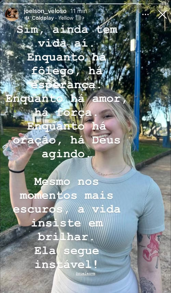 O pai de Isabel Veloso, Joelson, também falou sobre o estado de saúde da filha. Ele declara que a moça ‘está instável’, mas demonstra esperança