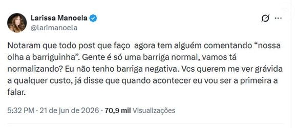 Larissa Manoela desabafou e garantiu que não está grávida