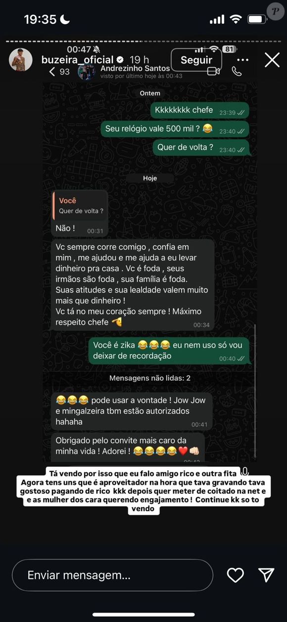 Alguns convidados não ligaram e Buzeira fez questão de expor prints na web