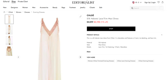 No site Editorialist, o vestido da Chloé usado por Marina Ruy Barbosa aparece por cerca de R$ 16.551,57, considerando a cotação do dólar de hoje