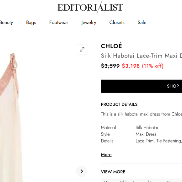 No site Editorialist, o vestido da Chloé usado por Marina Ruy Barbosa aparece por cerca de R$ 16.551,57, considerando a cotação do dólar de hoje