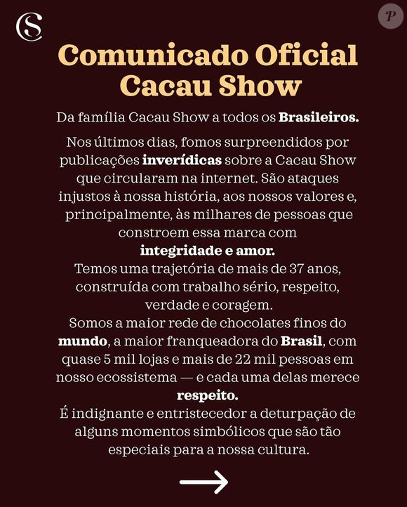 Cacau Show usou as redes sociais nesta segunda (2) para se manifestar sobre os rumores que causaram polêmicas nas últimas semanas