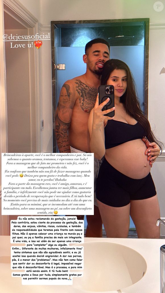 Gabriel Jesus e Raiane Lima estão juntos desde 2021 e serão pais de um menino