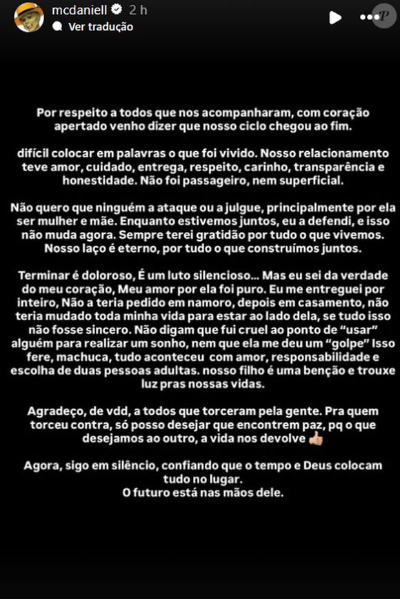 MC Daniel publicou um texto em sua rede social explicando a decisão de se separar de Lorena Maria
