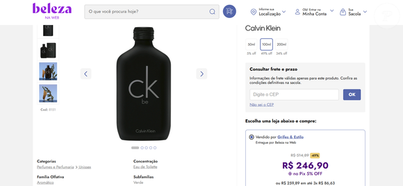Até o fechamento da matéria, perfume era vendido por R$ 246,90 no Pix no site Beleza na Web