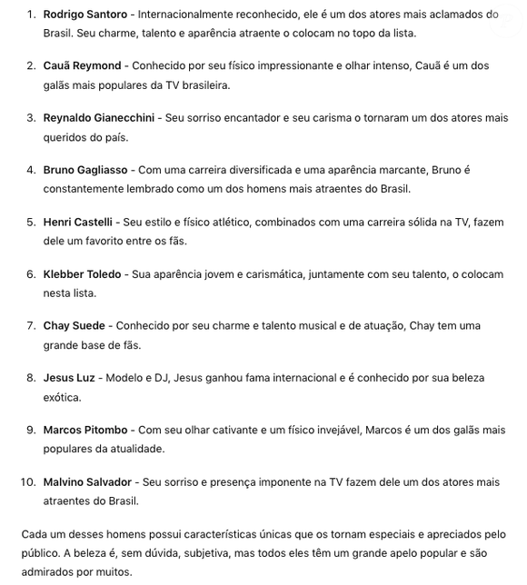 ChatGPT elegeu os 10 famosos mais bonitos do Brasil,