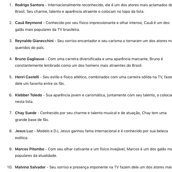 ChatGPT elegeu os 10 famosos mais bonitos do Brasil,