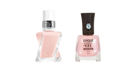 Fairy Tailor (Essie) + Ballet (Risqué Diamond Gel): o nude rosado translúcido com efeito gel, sem cabine de LED, ganha um similar nacional para quem ama unhas naturais e luminosas